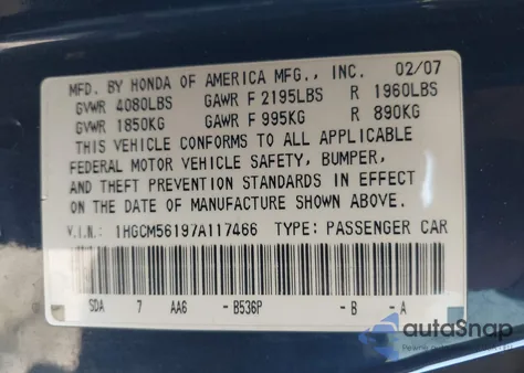 2007 Honda Accord 2.4 Vp z USA, uszkodzony, nr VIN 1HGCM56197A117466